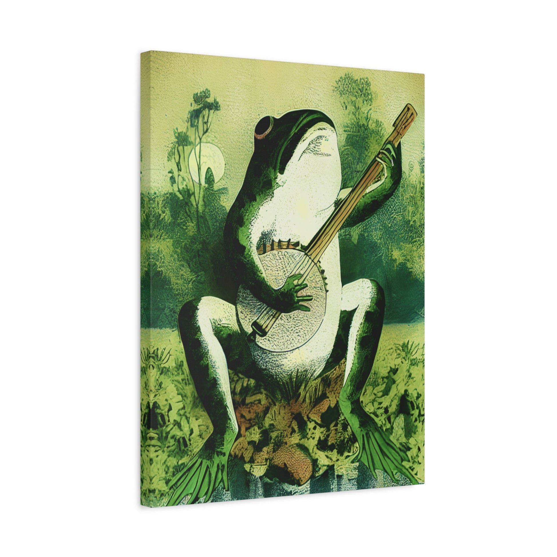 Frog Playing Banjo in The Moonlight - Framed Canvas Wall Art Print