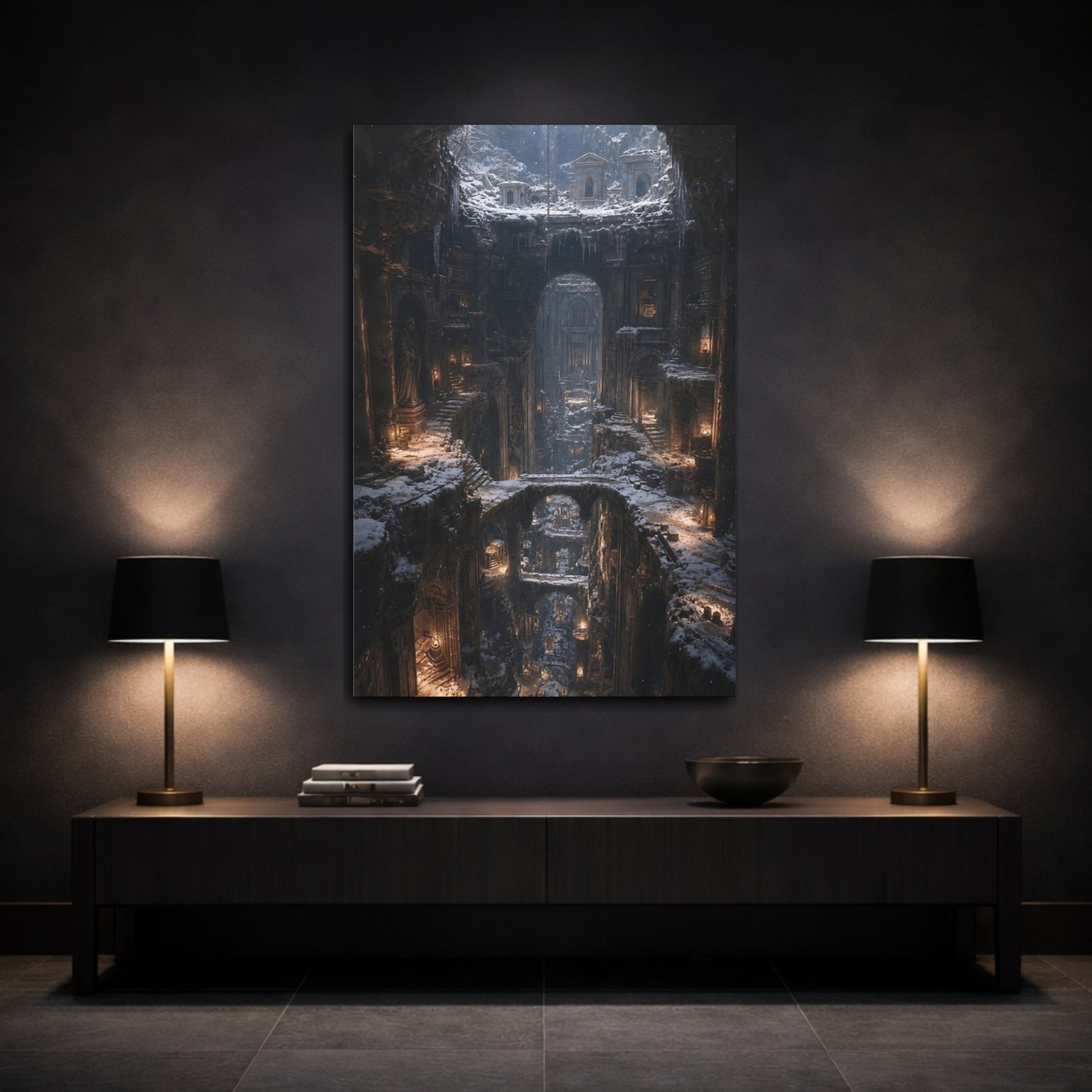 Mockup 3. Frozen Cathedral Ruins shown as canvas print