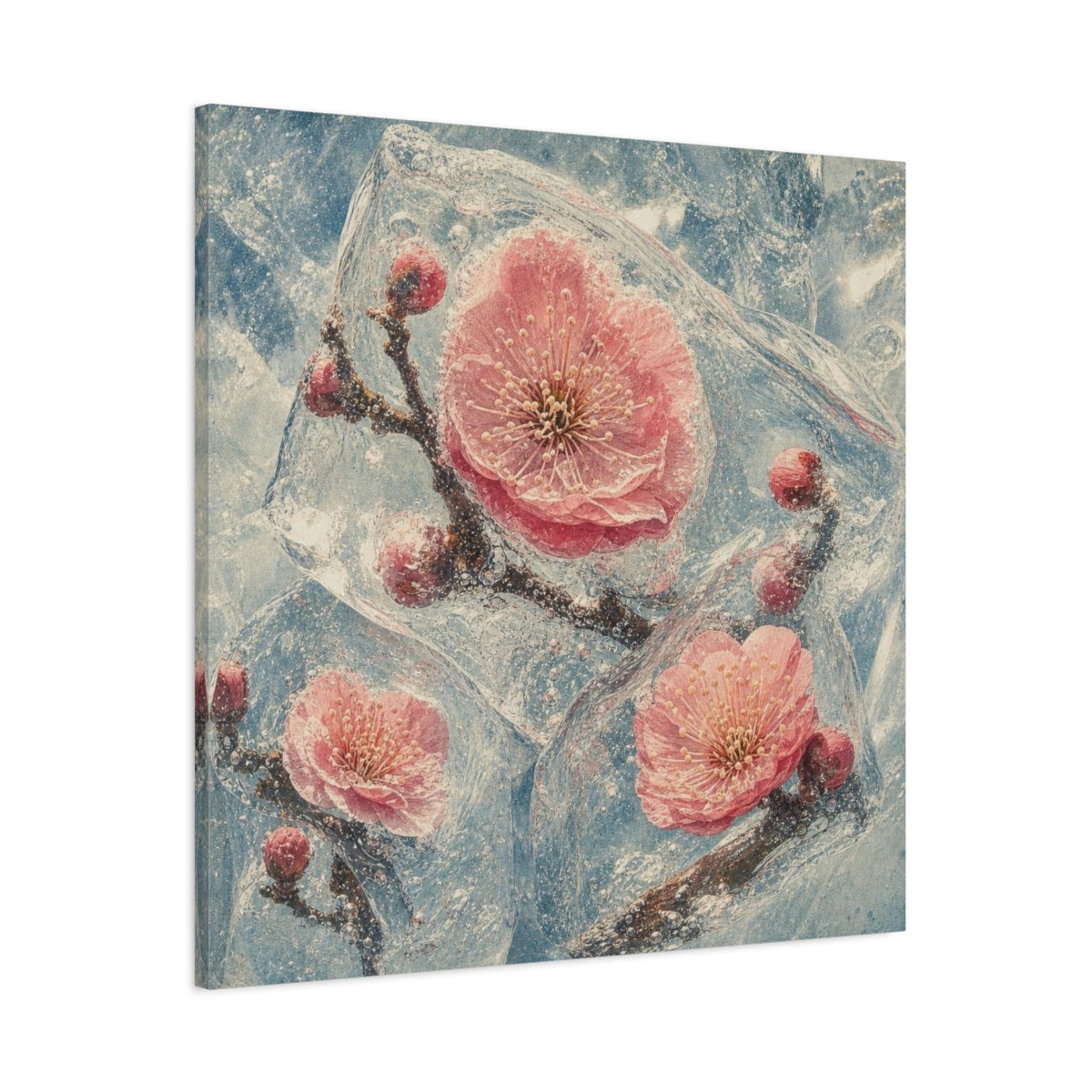 Main Mockup. Frozen Plum Blossoms shown as canvas print