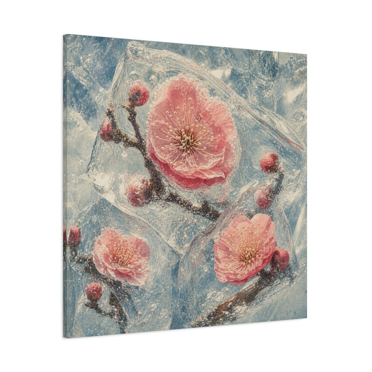 Side Mockup 1. Frozen Plum Blossoms shown as canvas print