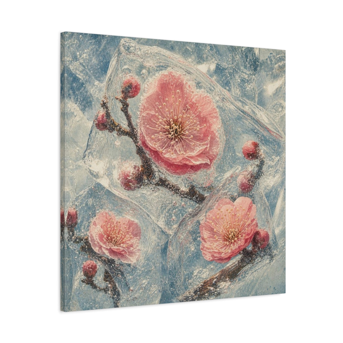 Side Mockup 3. Frozen Plum Blossoms shown as canvas print