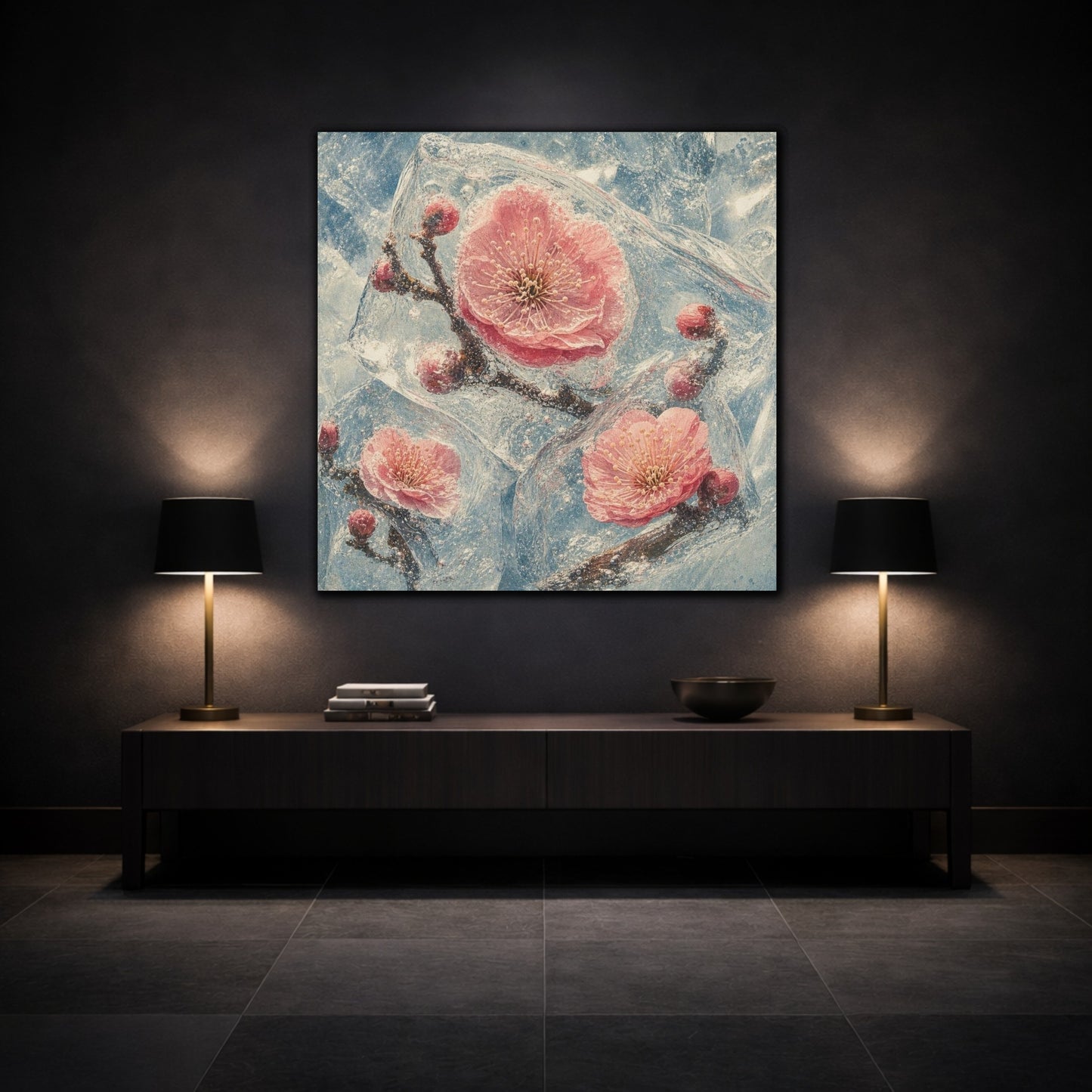Mockup 3. Frozen Plum Blossoms shown as canvas print