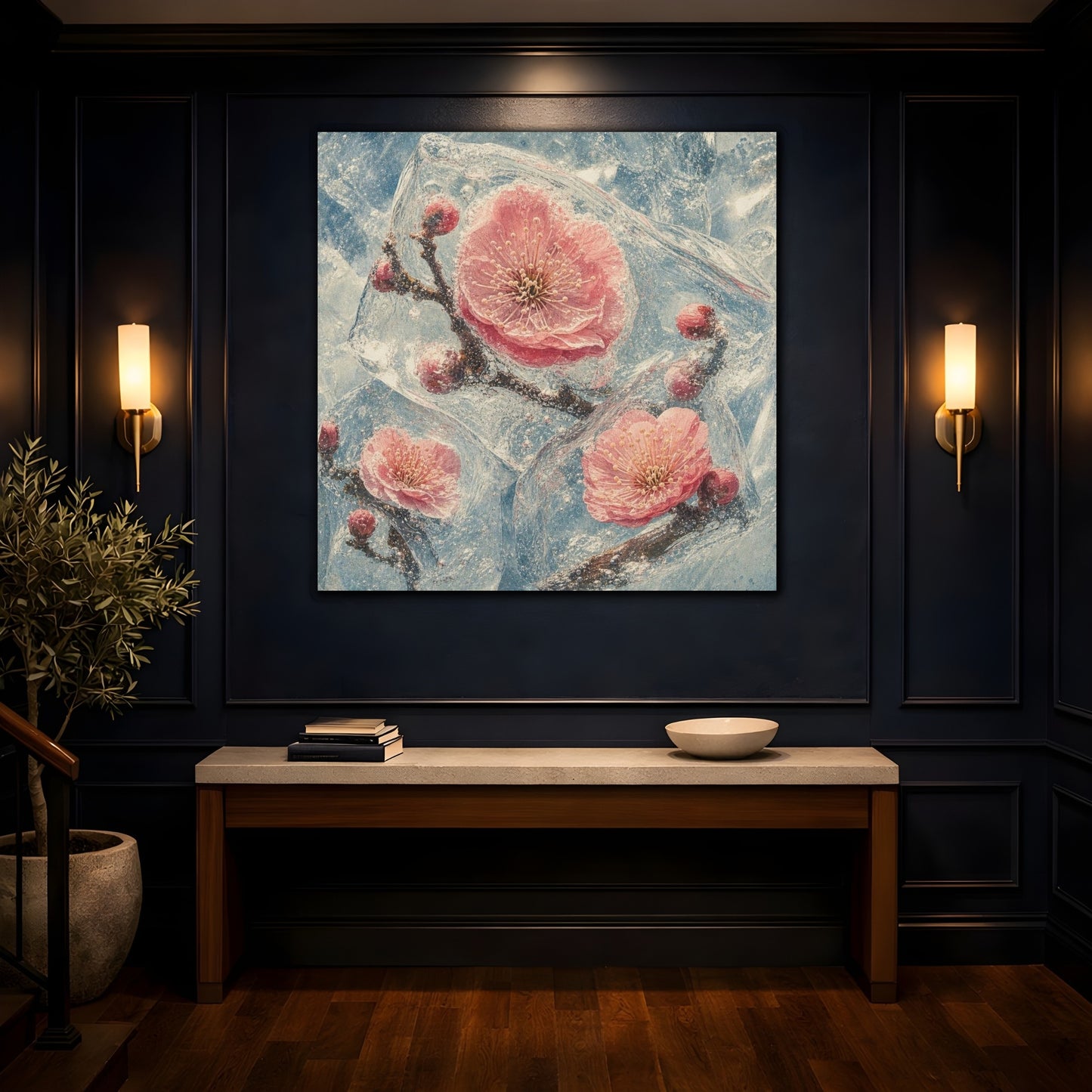 Mockup 4. Frozen Plum Blossoms shown as canvas print