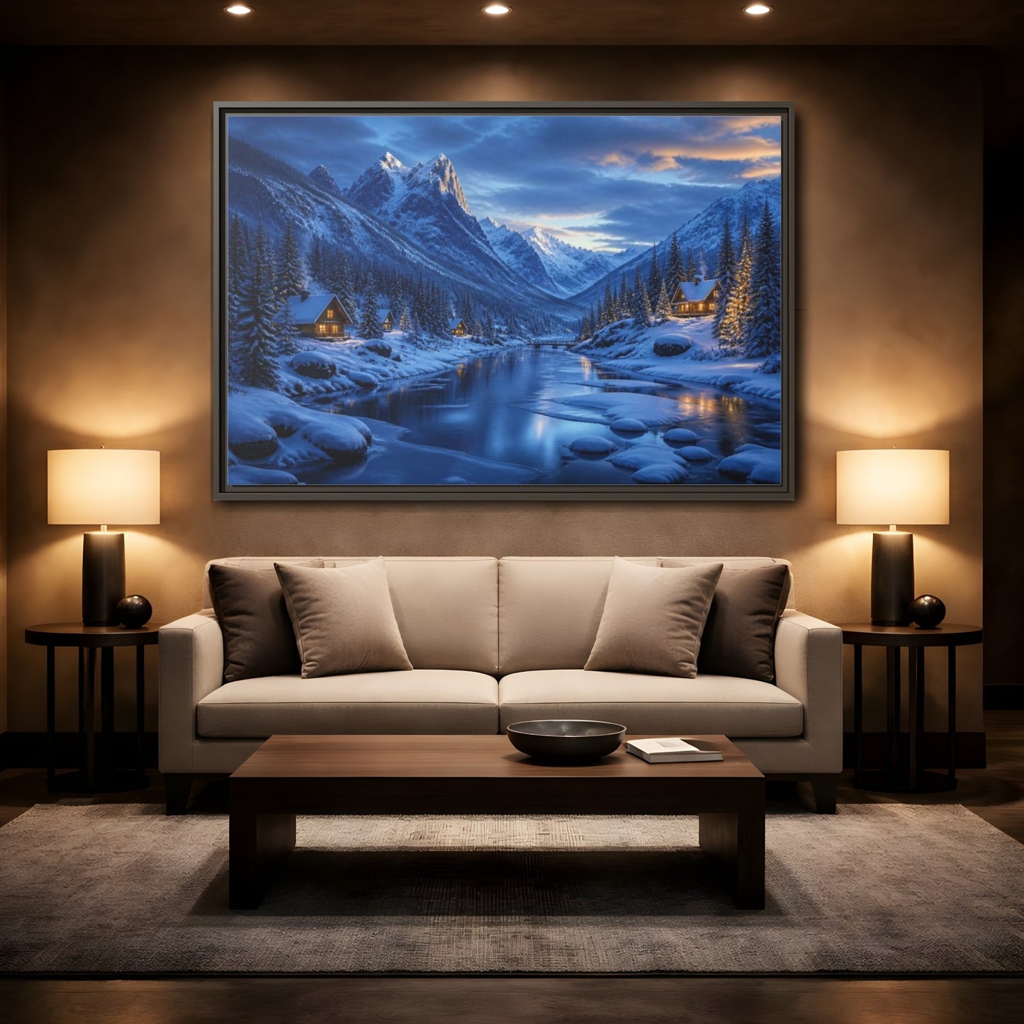 Mockup 2. Frozen Valley Landscape shown as framed canvas print