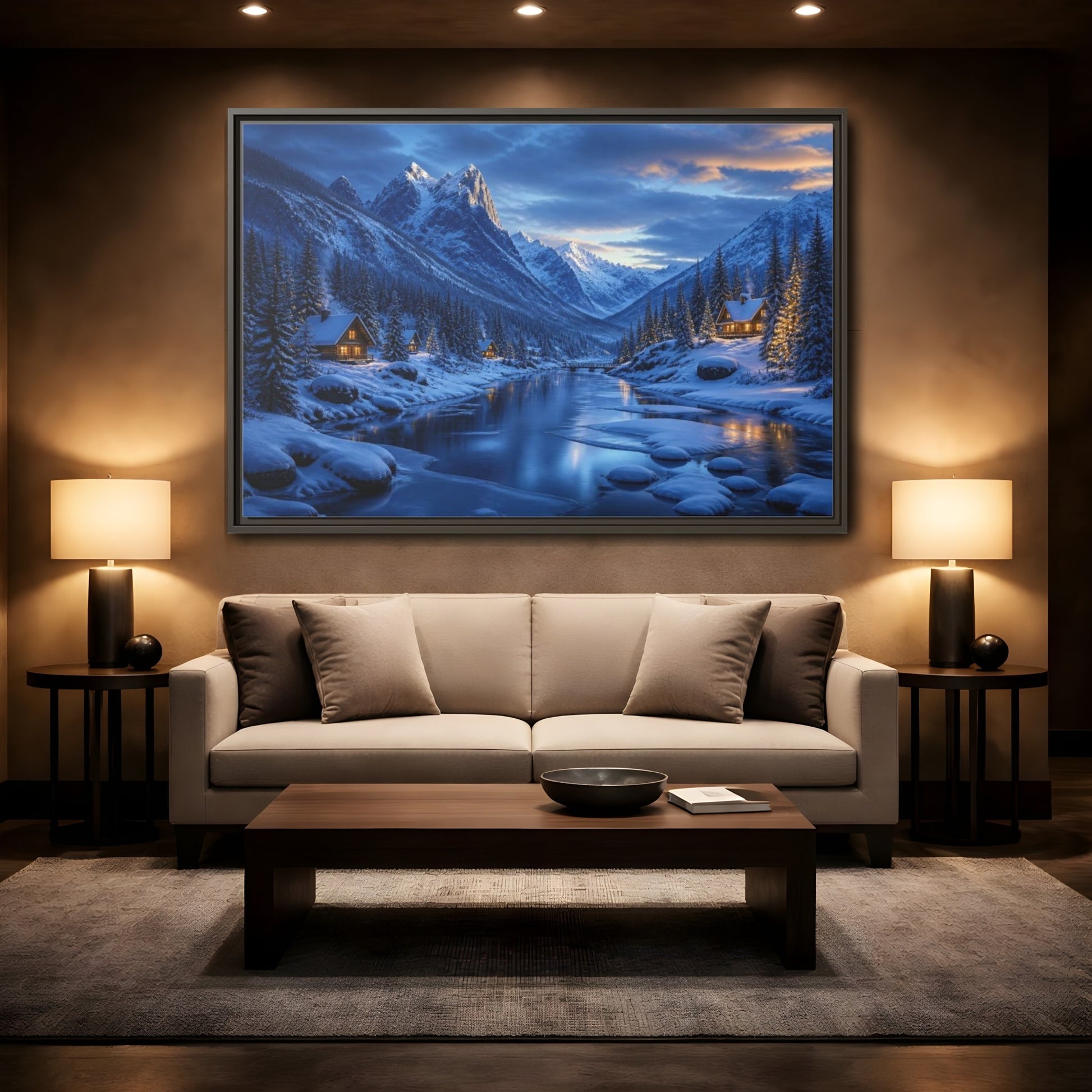 Mockup 2. Frozen Valley Landscape shown as framed canvas print