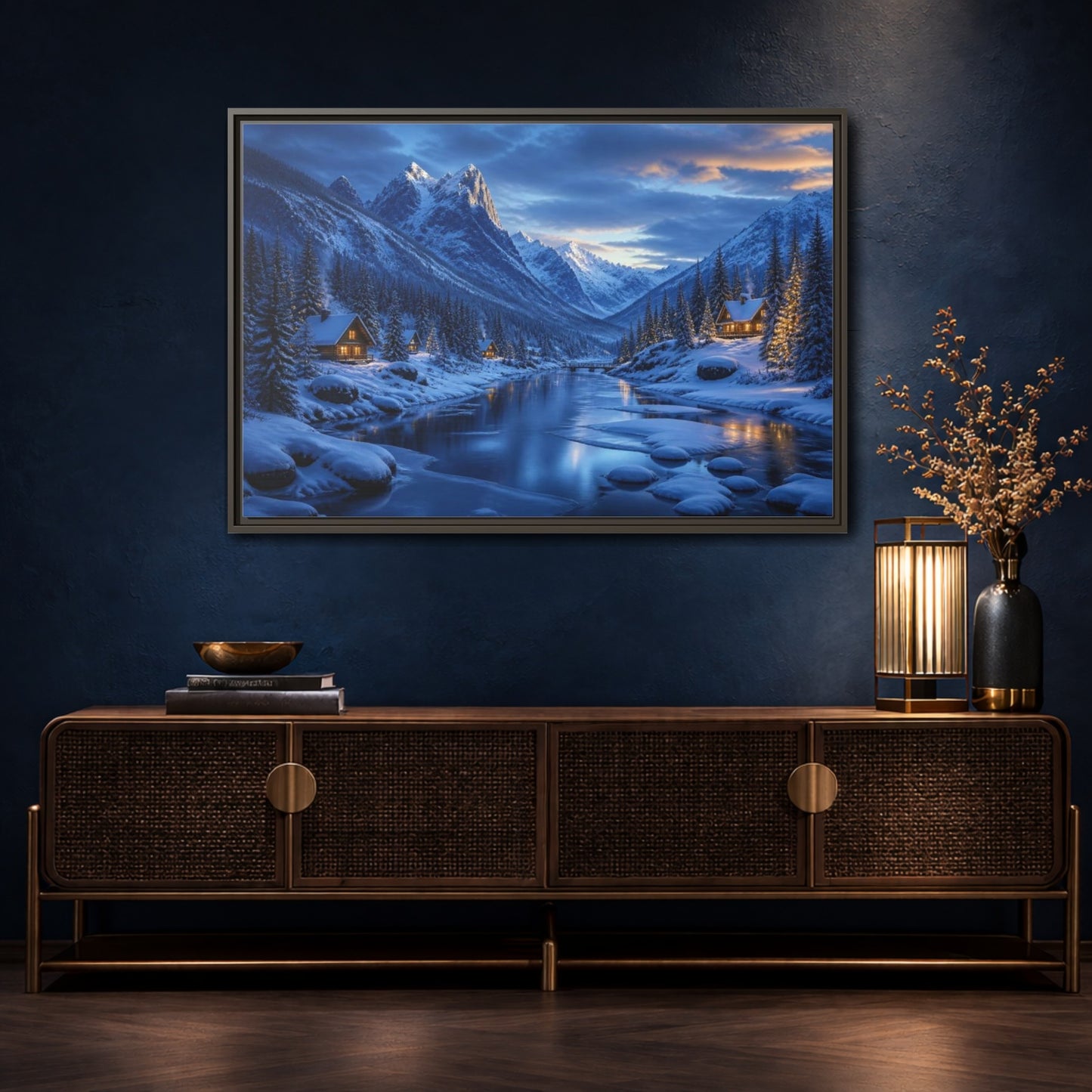 Mockup 4. Frozen Valley Landscape shown as framed canvas print