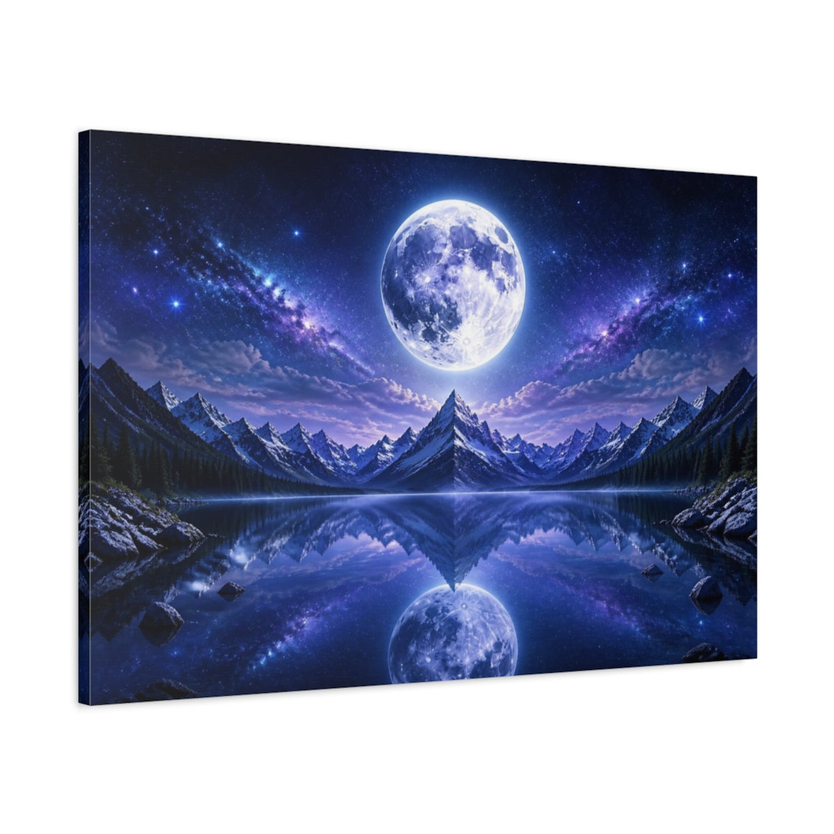 Main Mockup. Full Moon Over Alpine Lake shown as canvas print