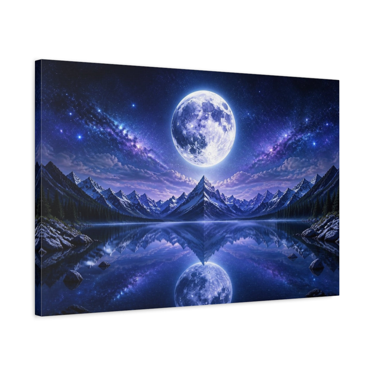 Side Mockup 2. Full Moon Over Alpine Lake shown as canvas print
