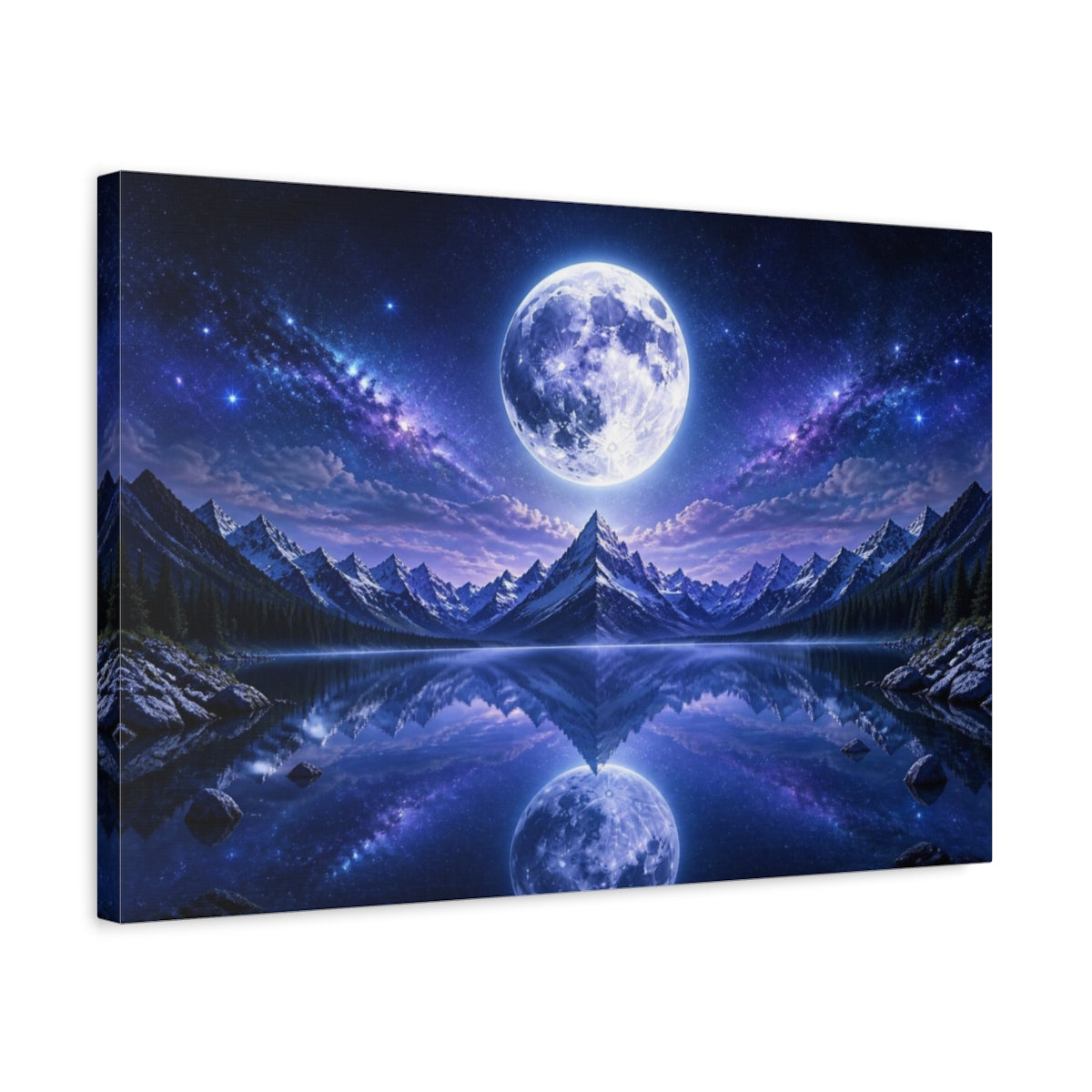 Side Mockup 3. Full Moon Over Alpine Lake shown as canvas print