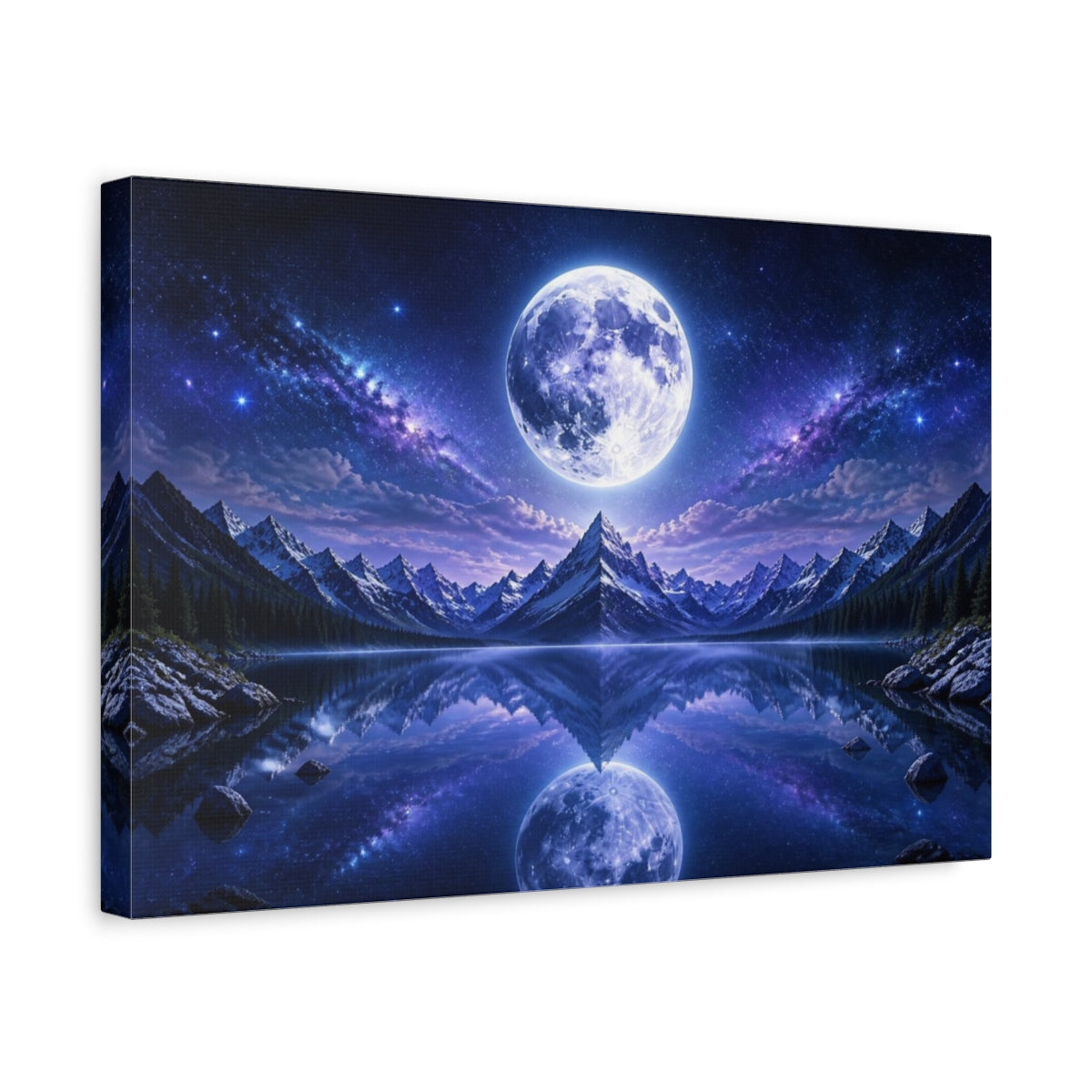 Side Mockup 4. Full Moon Over Alpine Lake shown as canvas print