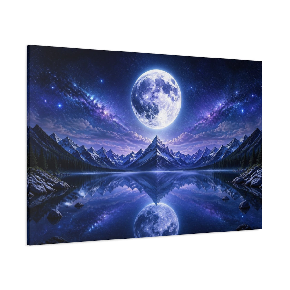 Side Mockup 1. Full Moon Over Alpine Lake shown as canvas print