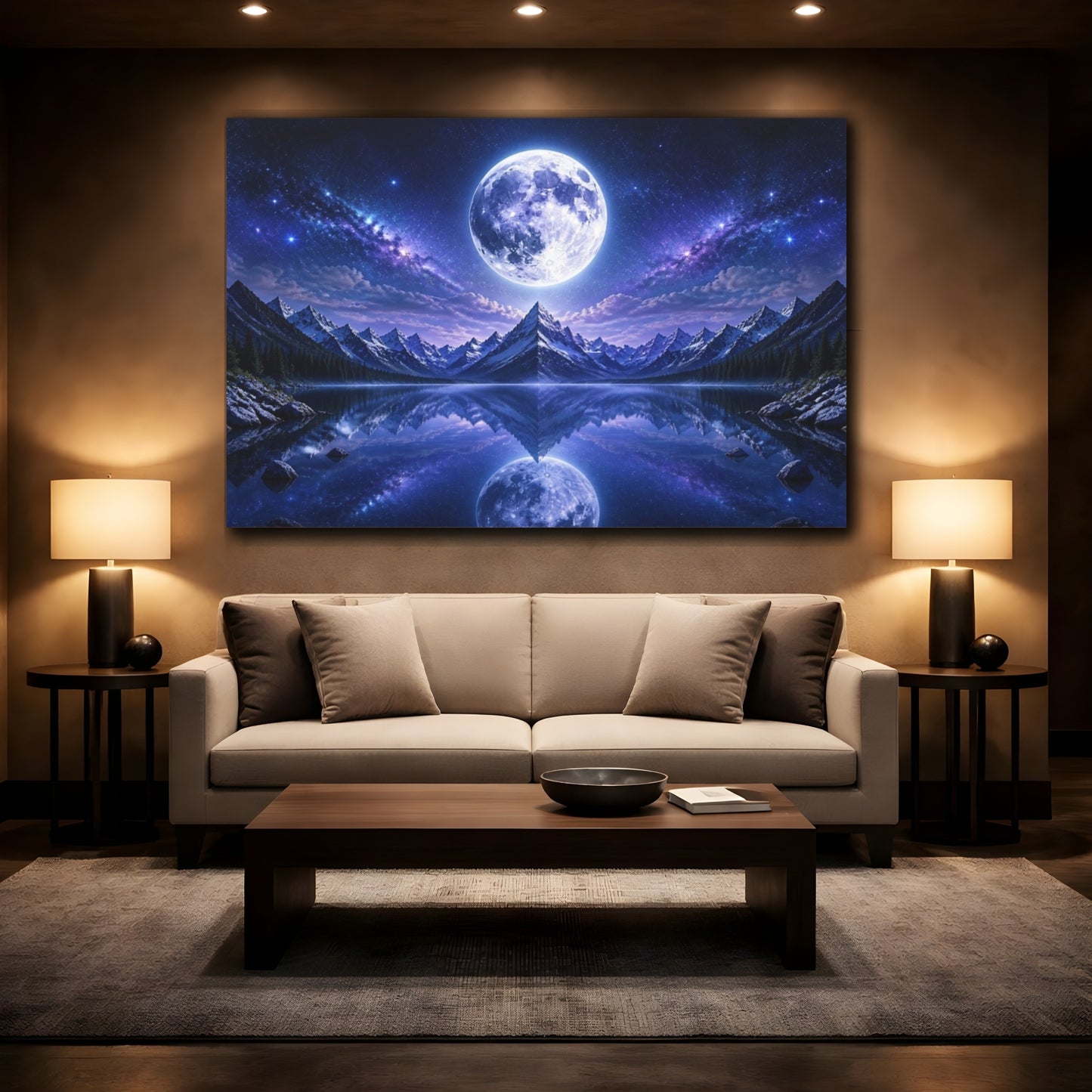 Mockup 2. Full Moon Over Alpine Lake shown as canvas print