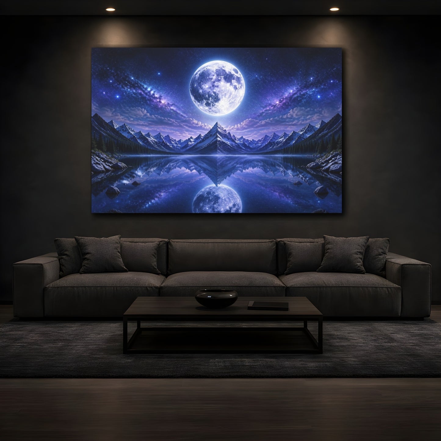Mockup 3. Full Moon Over Alpine Lake shown as canvas print