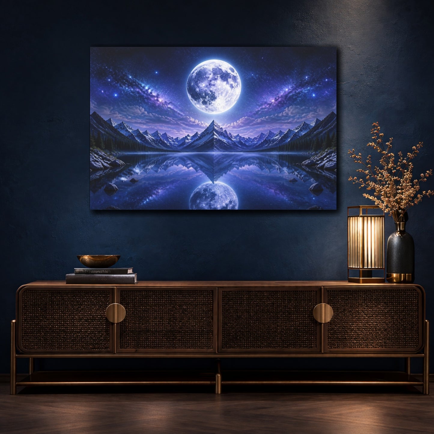 Mockup 4. Full Moon Over Alpine Lake shown as canvas print