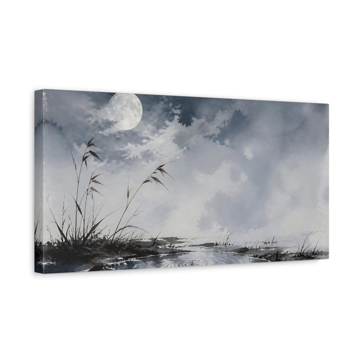 Side Mockup 3. Full Moon Over Pond shown as canvas print
