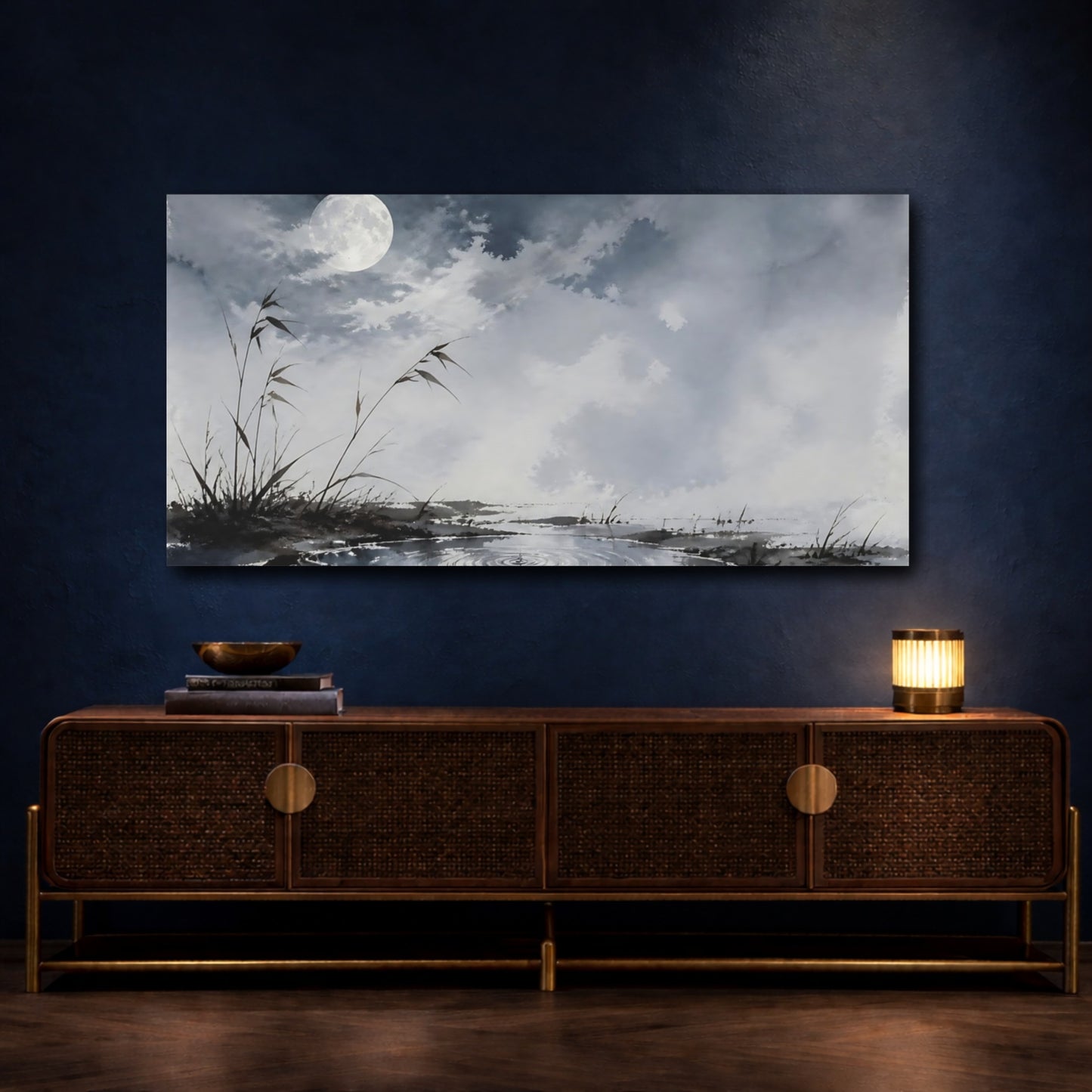 Mockup 4. Full Moon Over Pond shown as canvas print