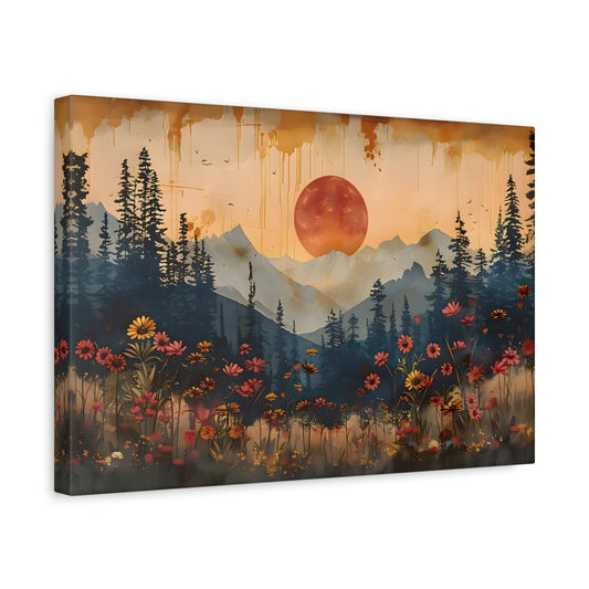 Full Moon Wildflower Canvas, Moonlit Forest Rustic Mountain Wall Art - YesArtYes