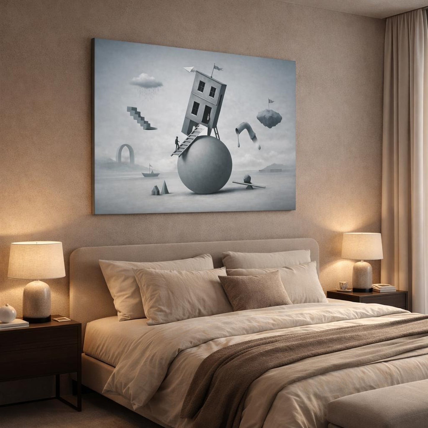 Funny Abstract Grey shown as canvas wall art in a luxury bedroom