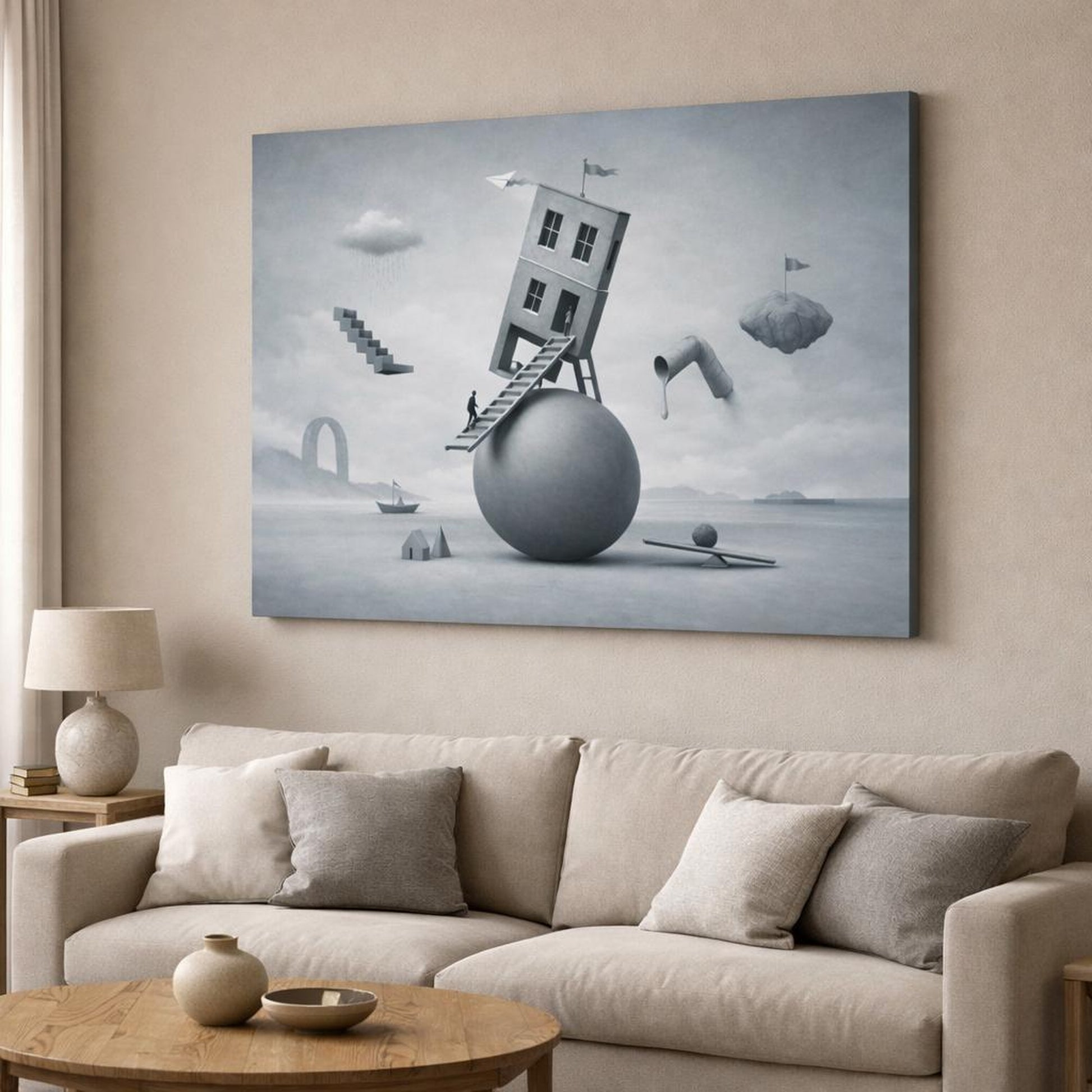Funny Abstract Grey shown as canvas wall art in a modern living room