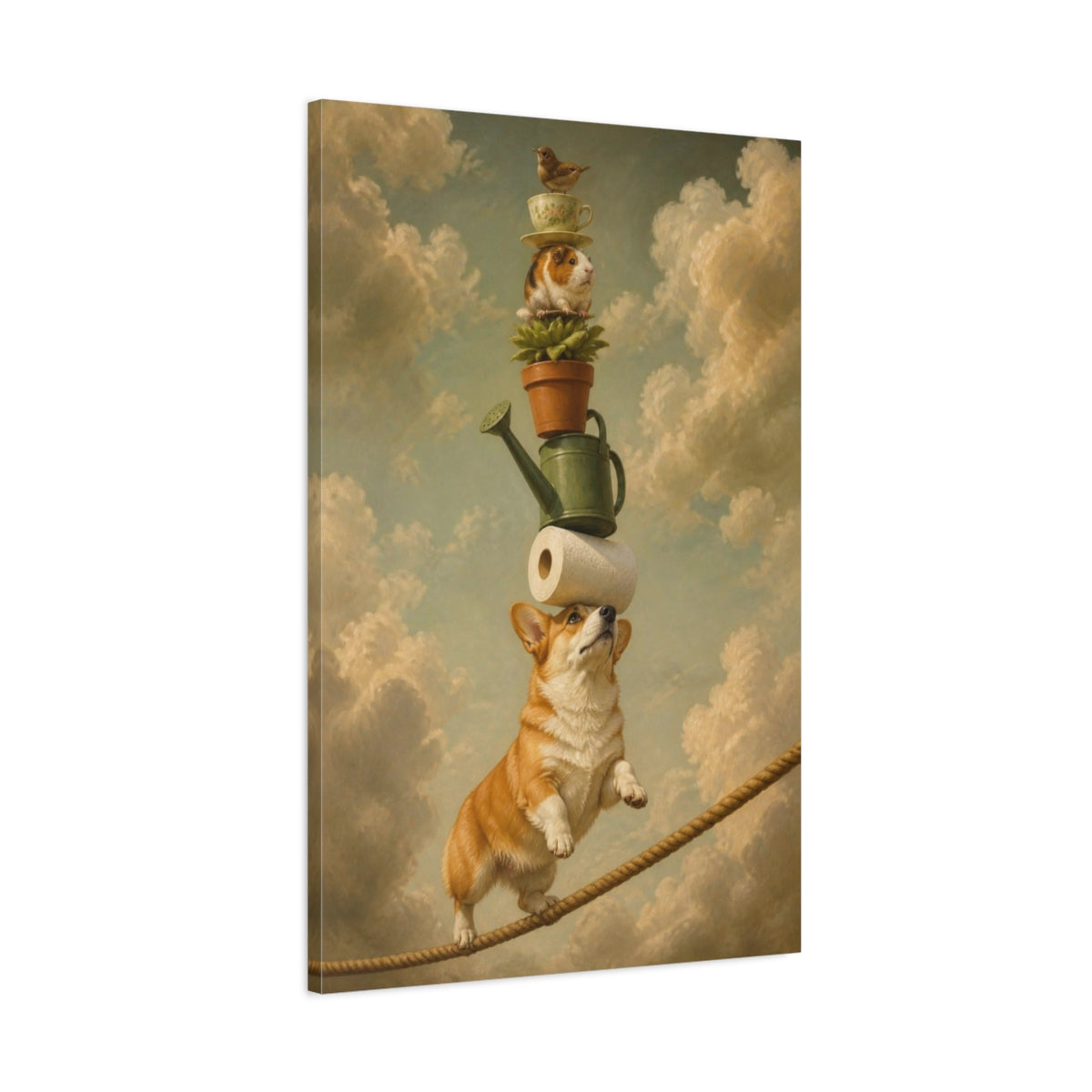 Main Mockup. Funny Balancing Corgi Stack shown as canvas print