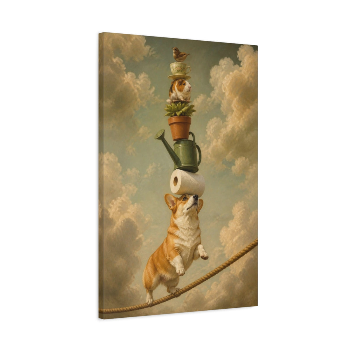 Side Mockup 2. Funny Balancing Corgi Stack shown as canvas print