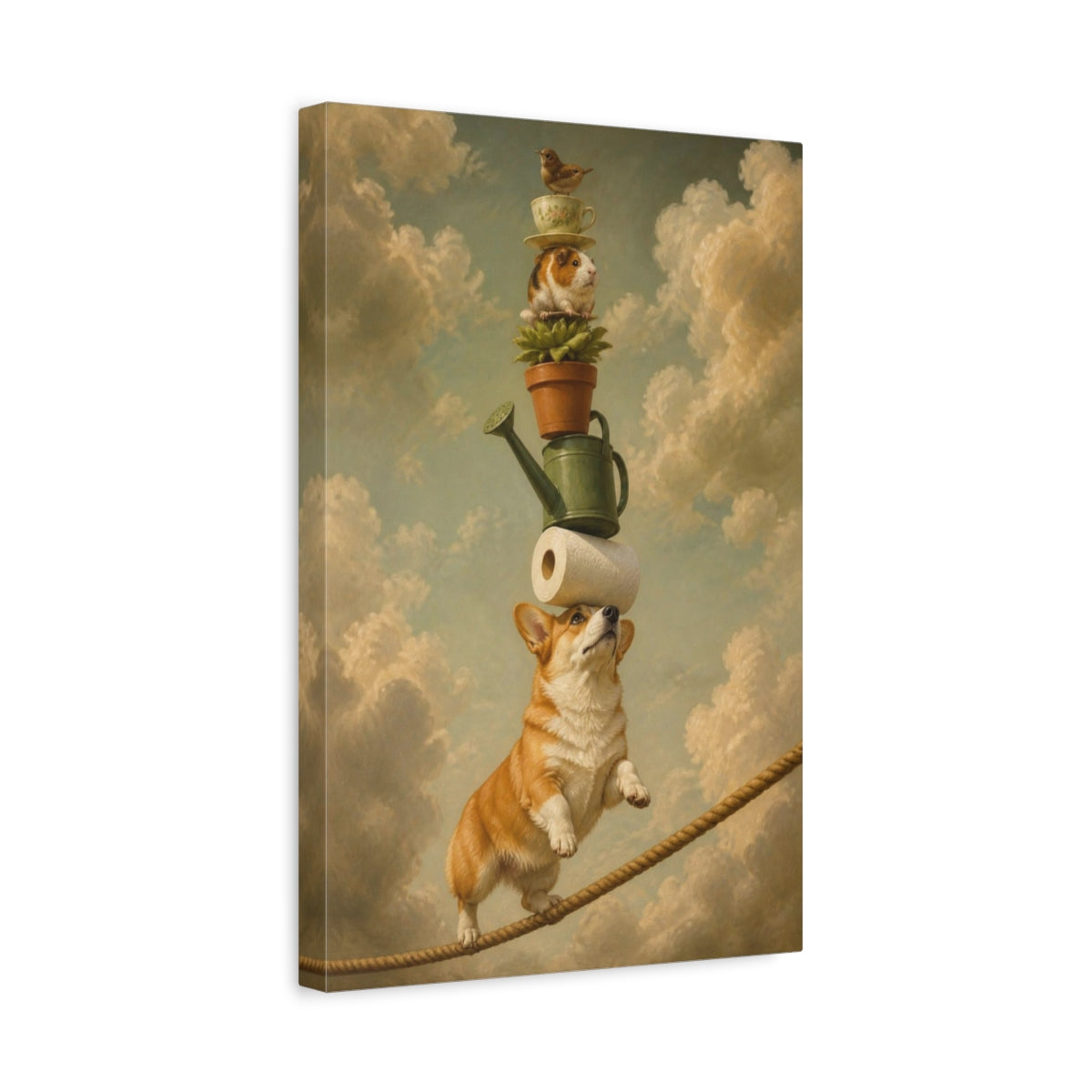 Side Mockup 4. Funny Balancing Corgi Stack shown as canvas print
