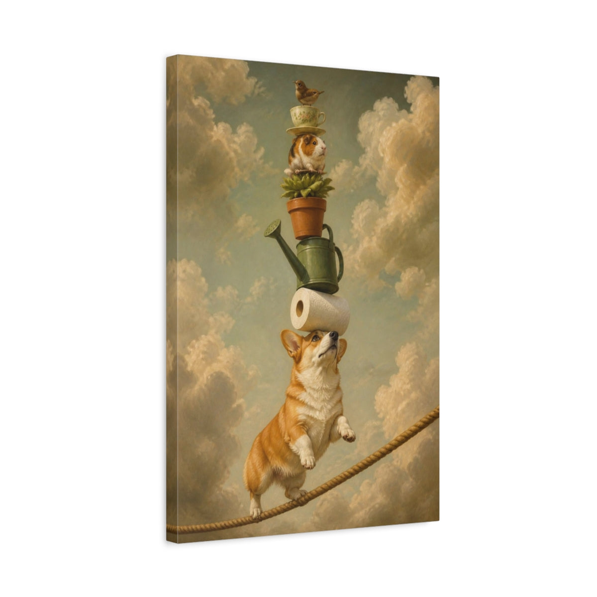 Side Mockup 3. Funny Balancing Corgi Stack shown as canvas print