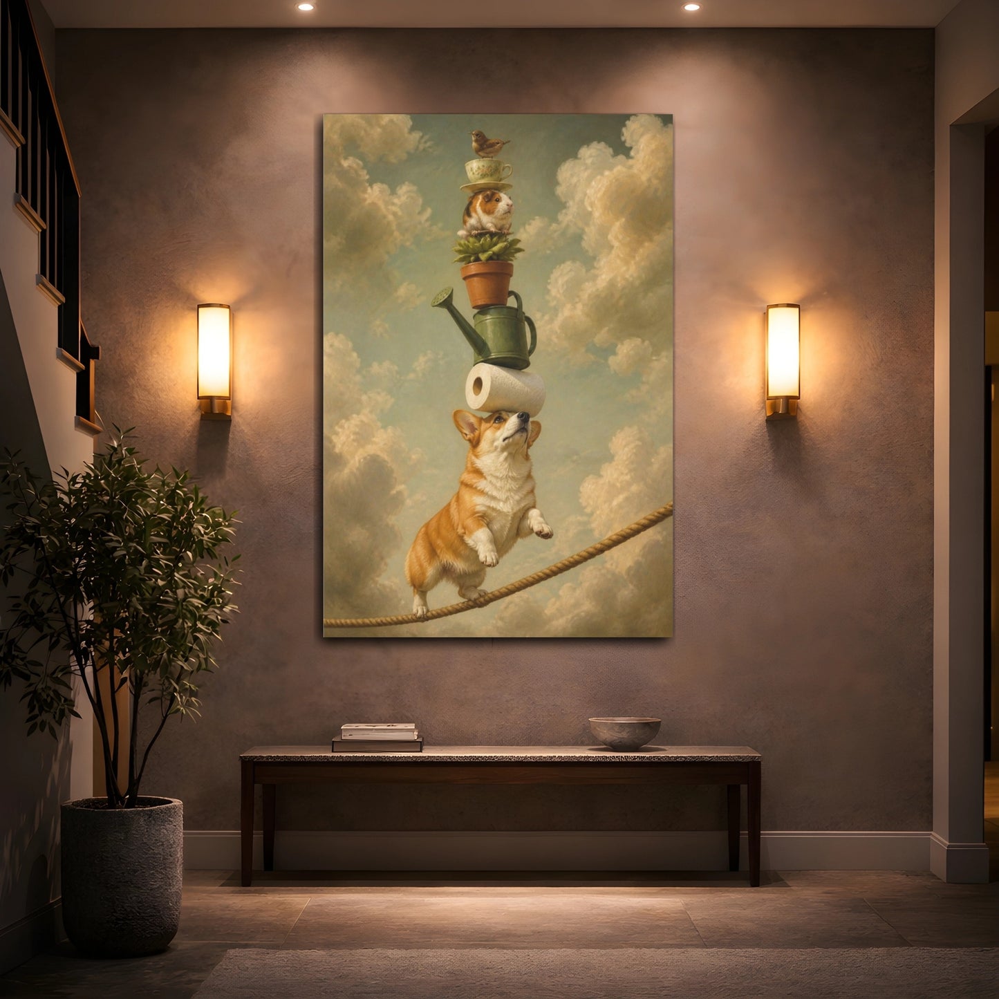 Mockup 2. Funny Balancing Corgi Stack shown as canvas print
