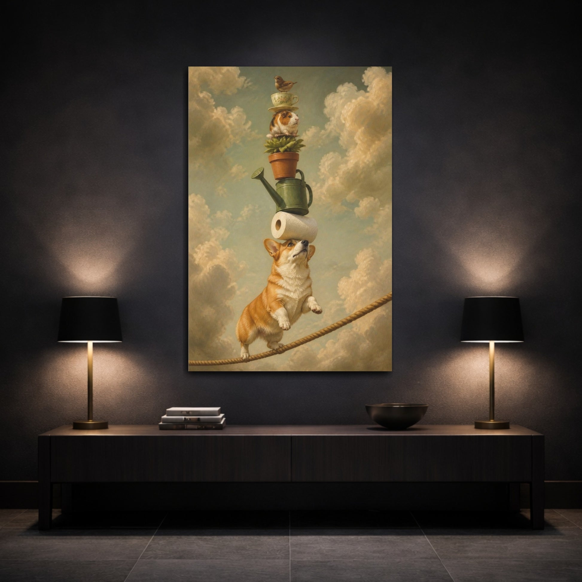 Mockup 3. Funny Balancing Corgi Stack shown as canvas print