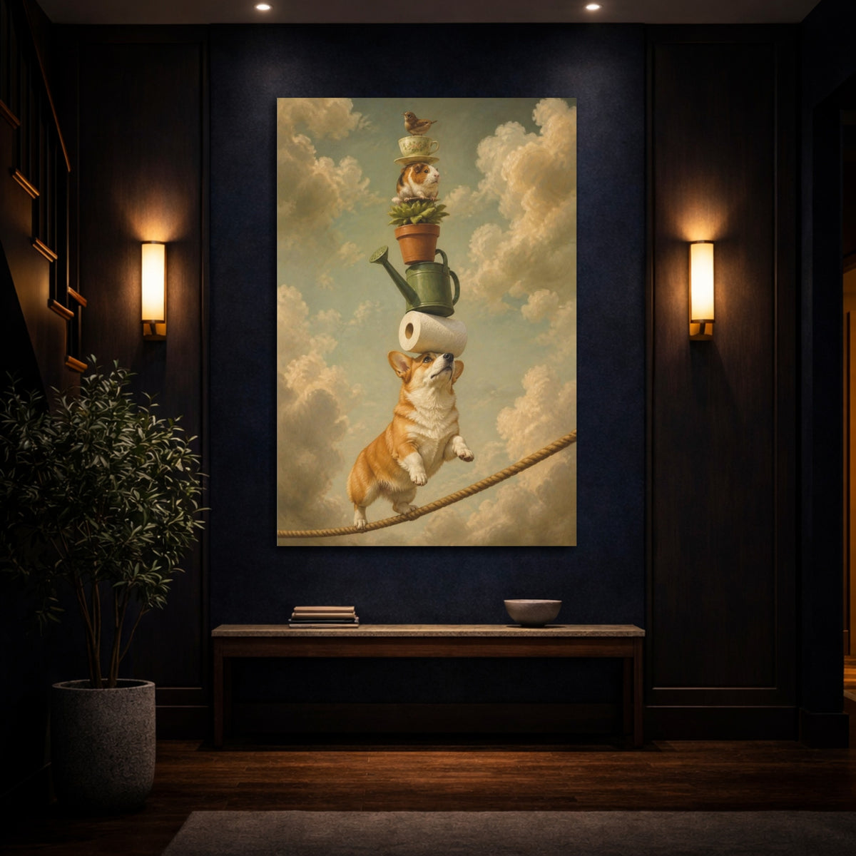 Mockup 4. Funny Balancing Corgi Stack shown as canvas print