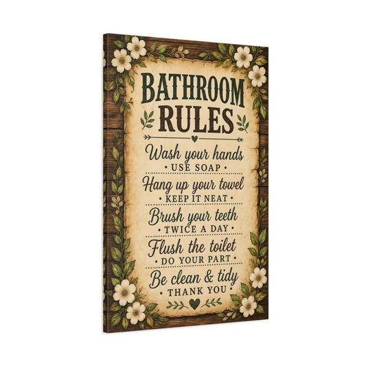Funny Bathroom Rules Rustic Sign Canvas Print – Decor for Above Towel Rack - YesArtYes