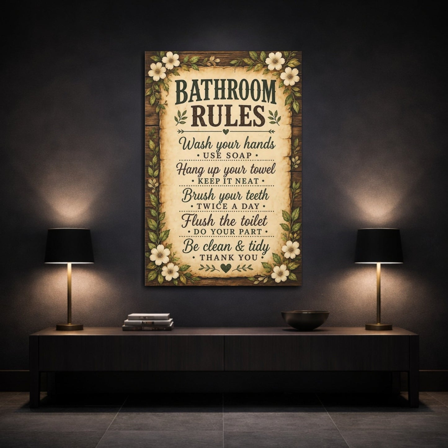 Funny Bathroom Rules Rustic Sign Canvas Print – Decor for Above Towel Rack - YesArtYes