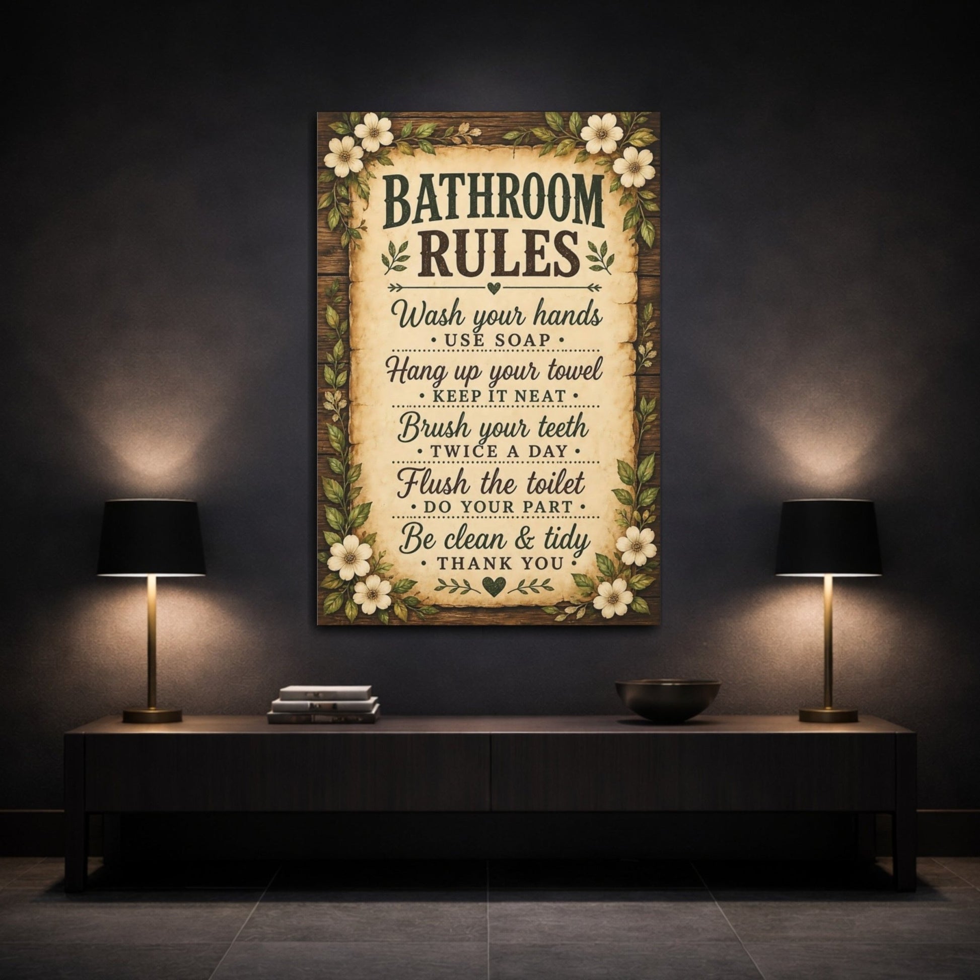 Funny Bathroom Rules Rustic Sign Canvas Print – Decor for Above Towel Rack - YesArtYes