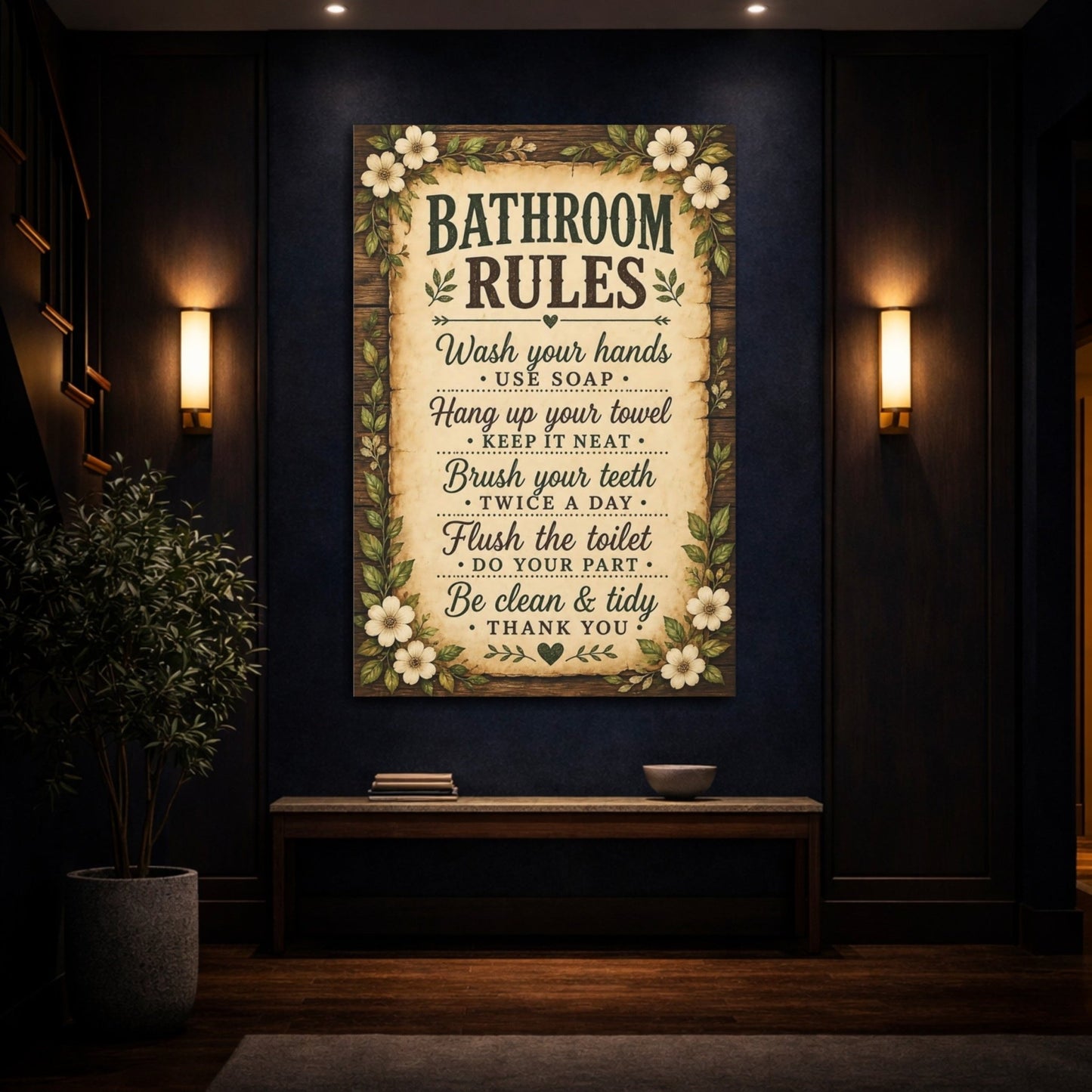 Funny Bathroom Rules Rustic Sign Canvas Print – Decor for Above Towel Rack - YesArtYes