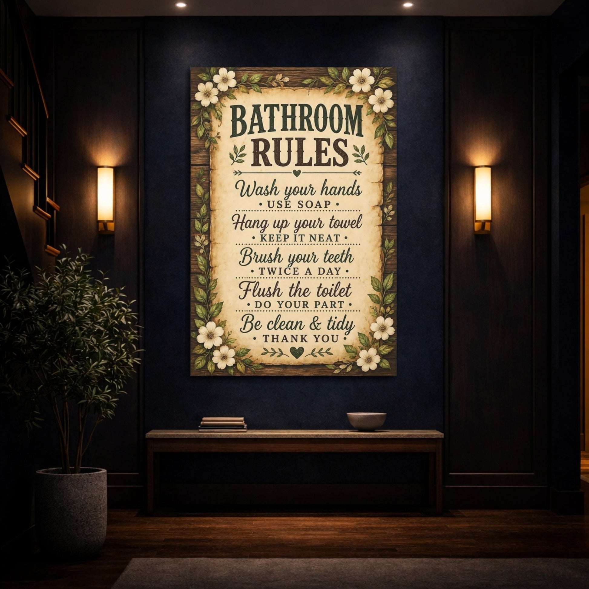 Funny Bathroom Rules Rustic Sign Canvas Print – Decor for Above Towel Rack - YesArtYes