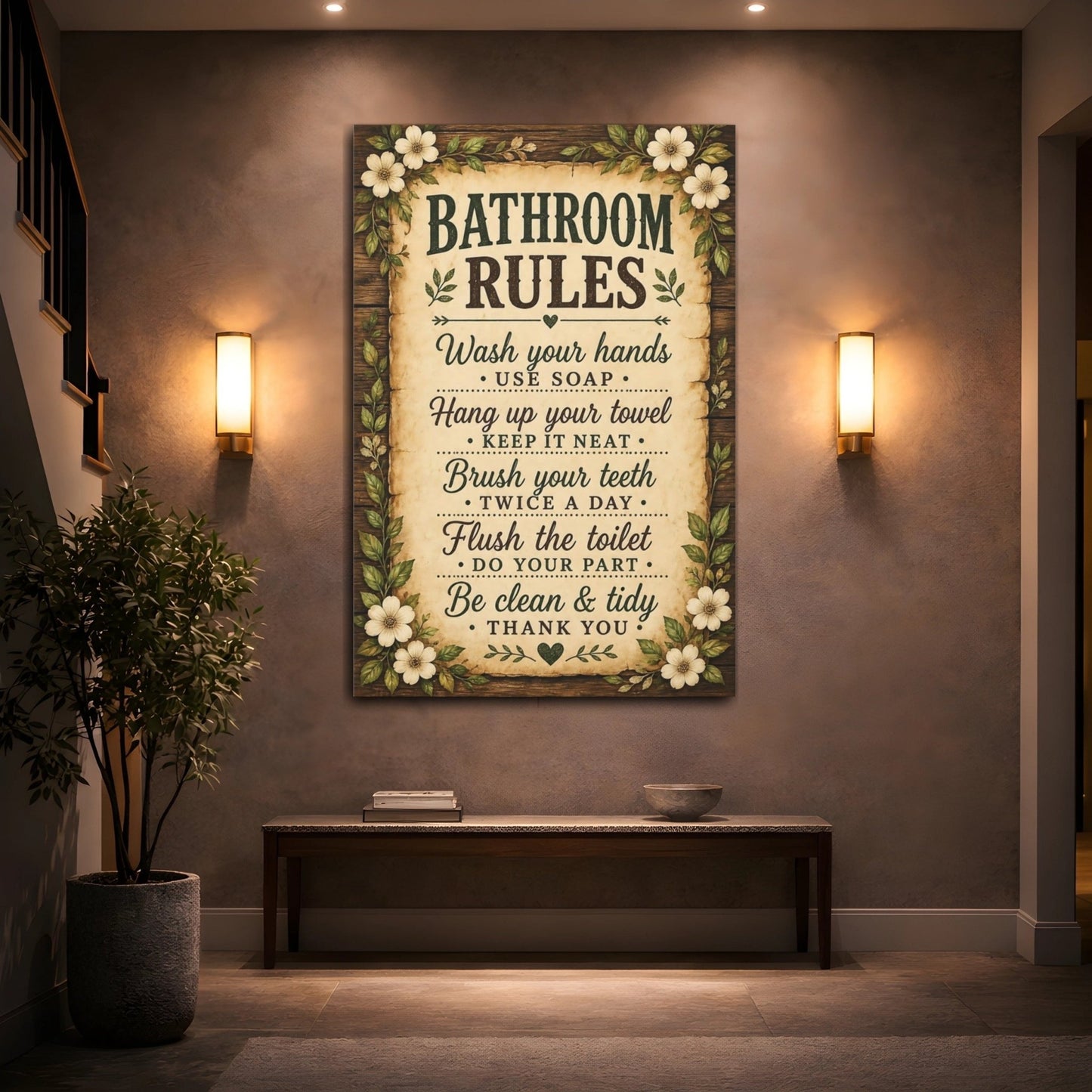 Funny Bathroom Rules Rustic Sign Canvas Print – Decor for Above Towel Rack - YesArtYes