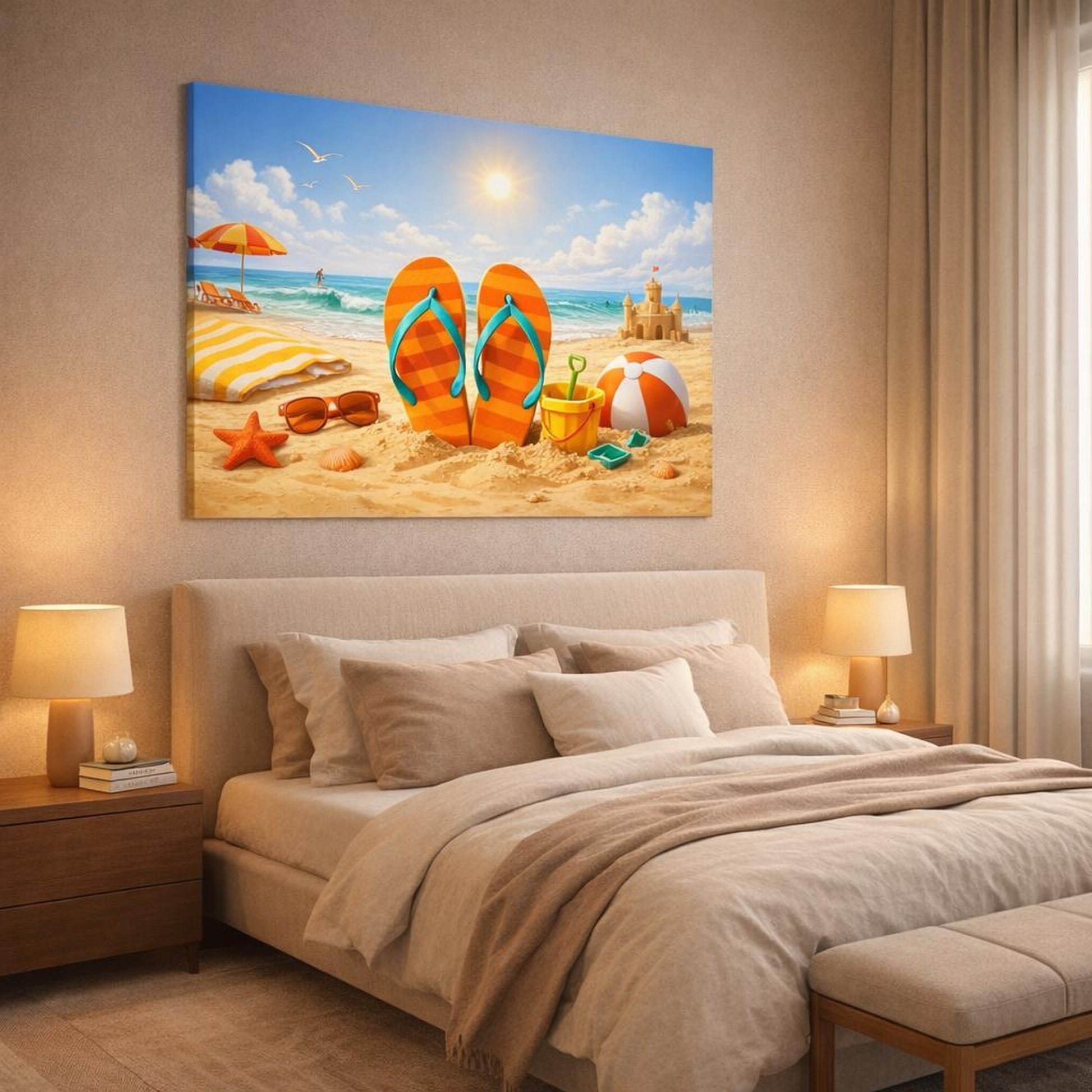 Funny Beach Warm Tones shown as canvas wall art in a luxury bedroom