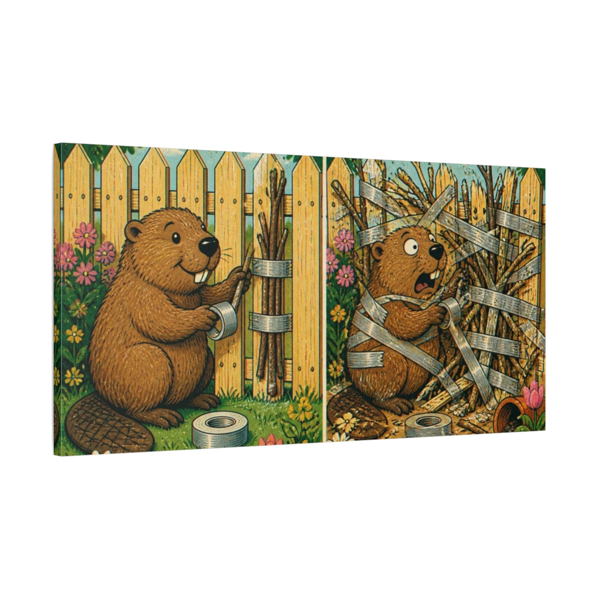 Main Mockup. Funny Beaver Fixing Fence shown as canvas print