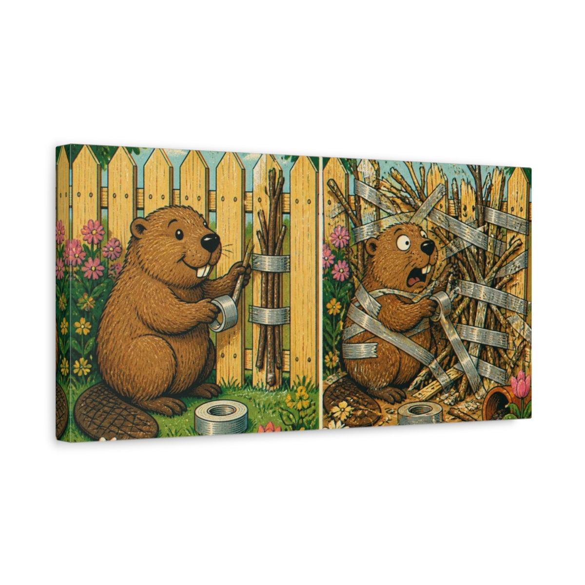 Side Mockup 3. Funny Beaver Fixing Fence shown as canvas print