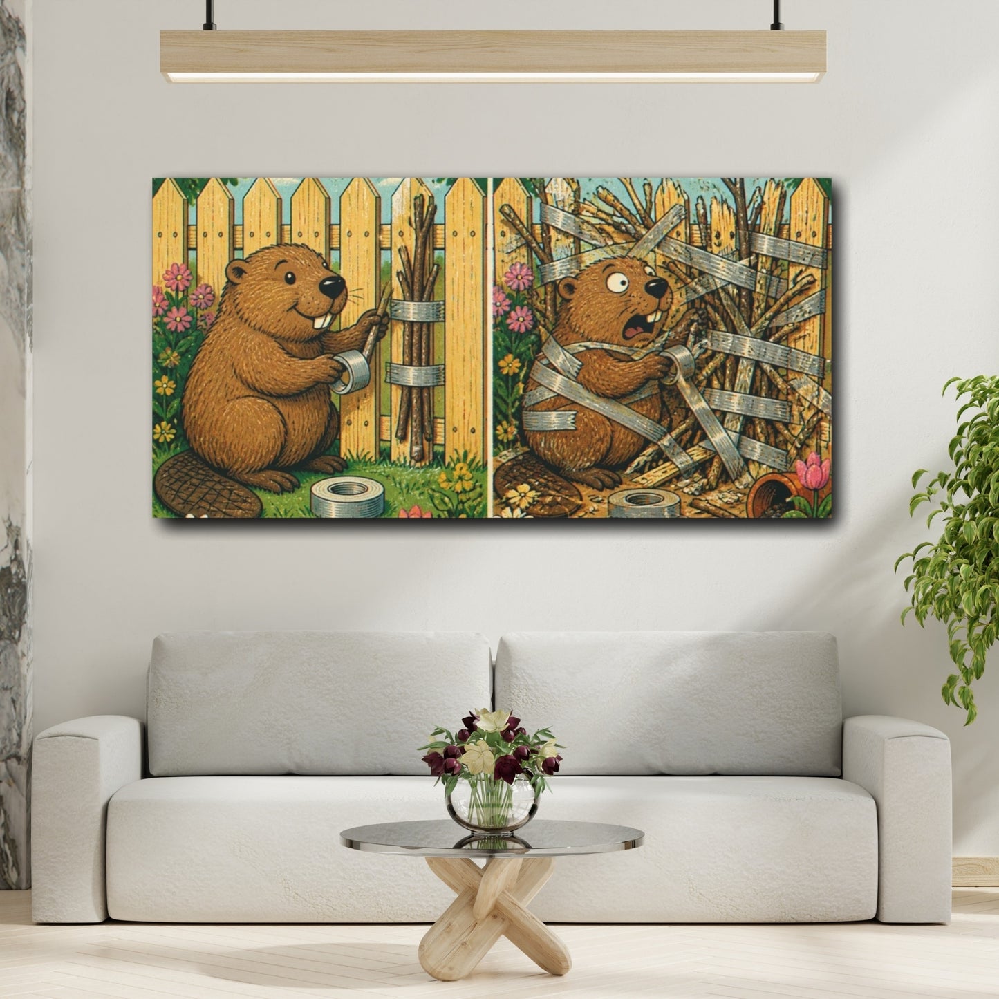Mockup 2. Funny Beaver Fixing Fence shown as canvas print