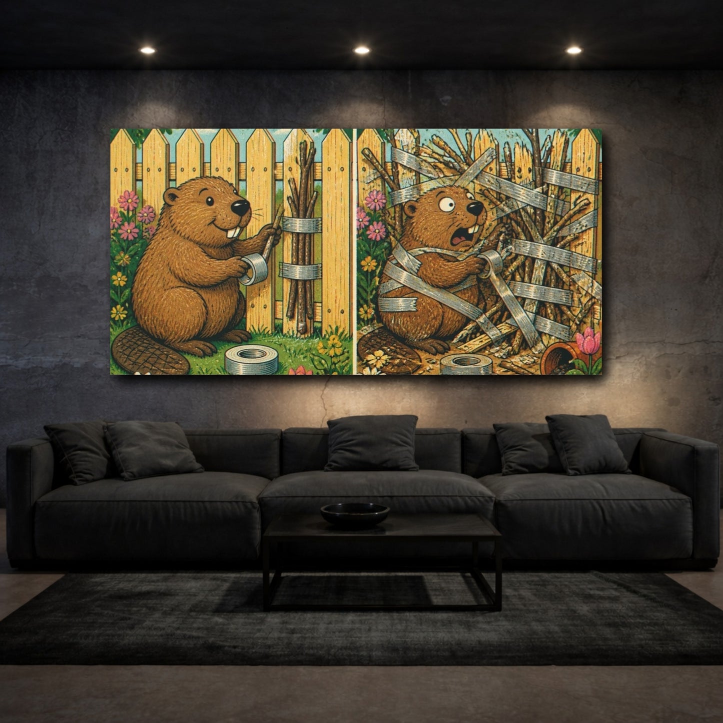 Mockup 3. Funny Beaver Fixing Fence shown as canvas print