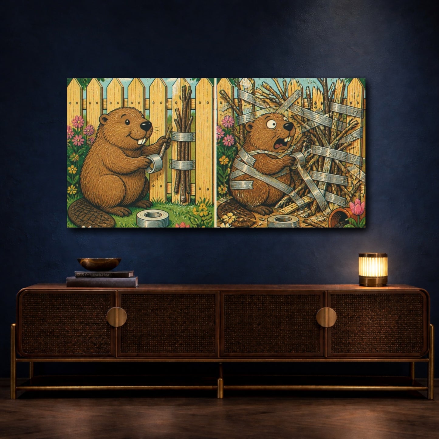 Mockup 4. Funny Beaver Fixing Fence shown as canvas print