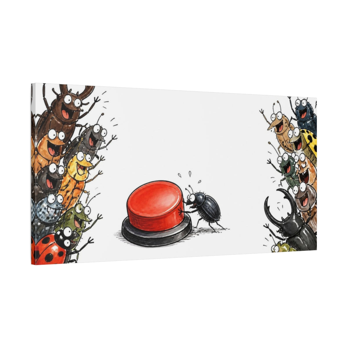Main Mockup. Funny Beetle Pressing Button shown as canvas print