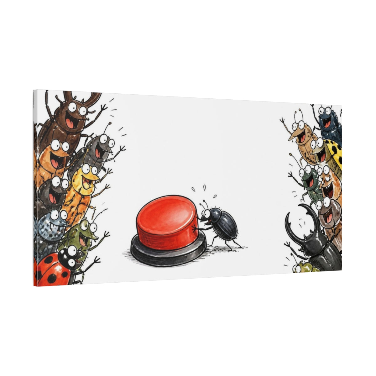 Side Mockup 2. Funny Beetle Pressing Button shown as canvas print
