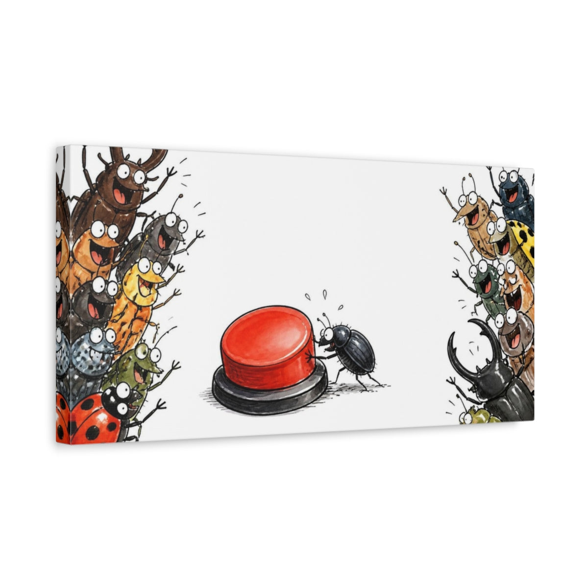 Side Mockup 3. Funny Beetle Pressing Button shown as canvas print