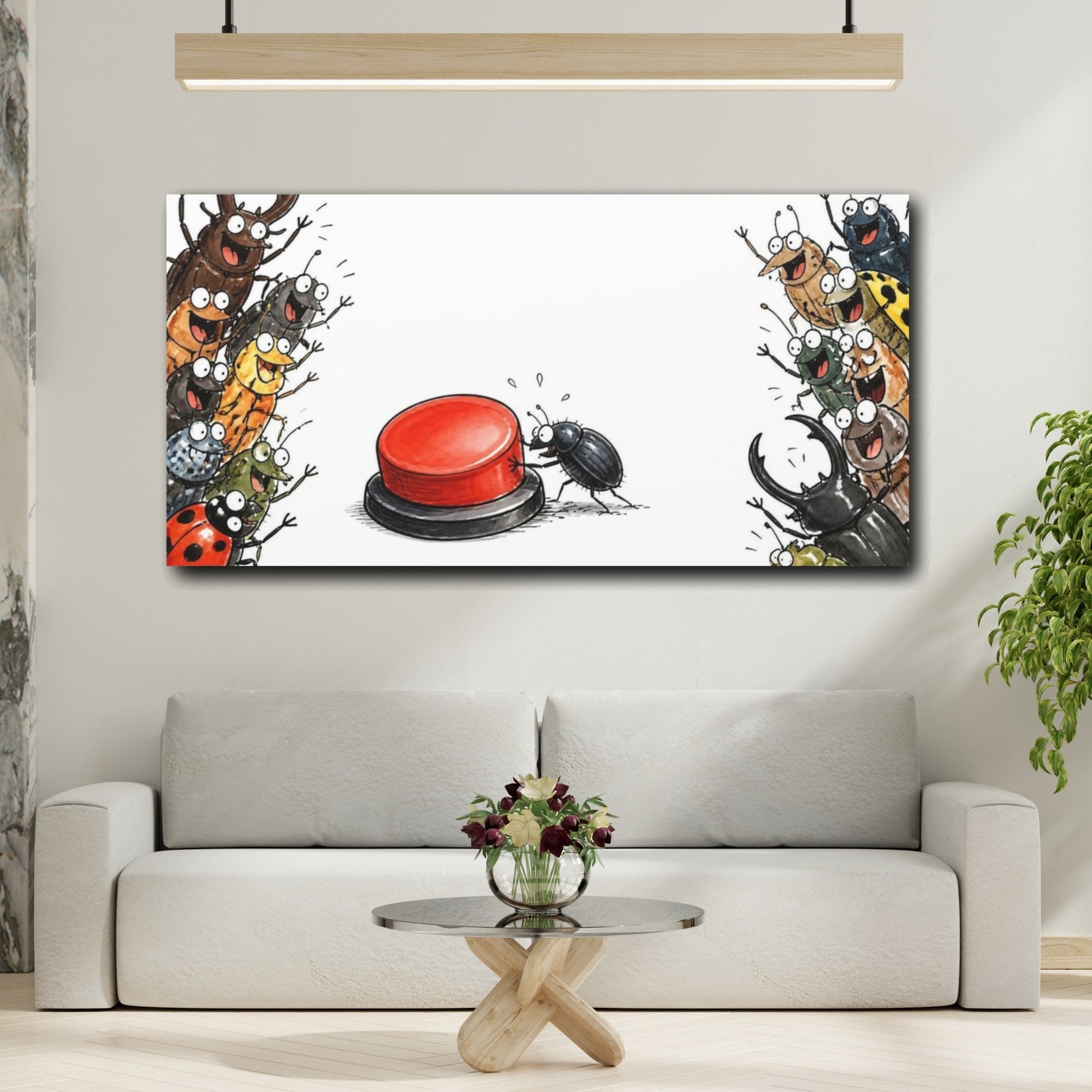Mockup 2. Funny Beetle Pressing Button shown as canvas print