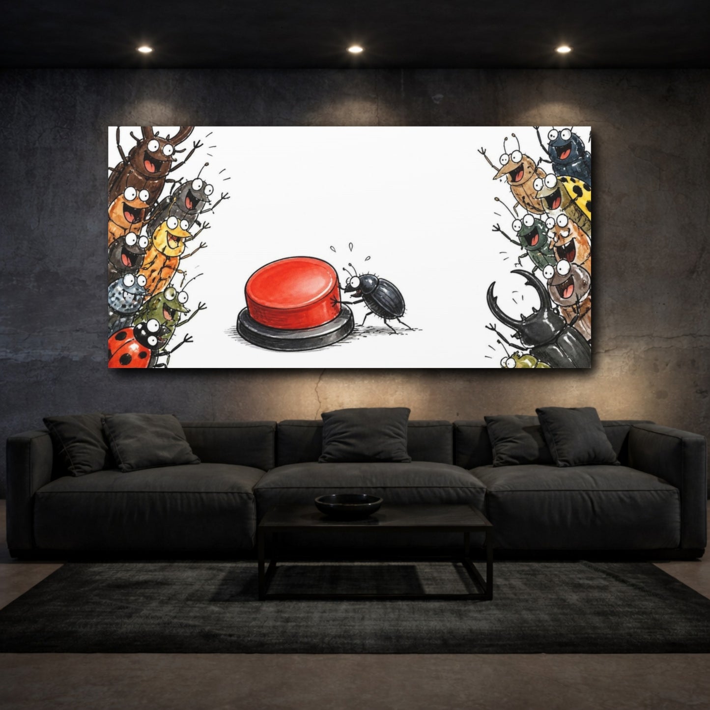 Mockup 3. Funny Beetle Pressing Button shown as canvas print