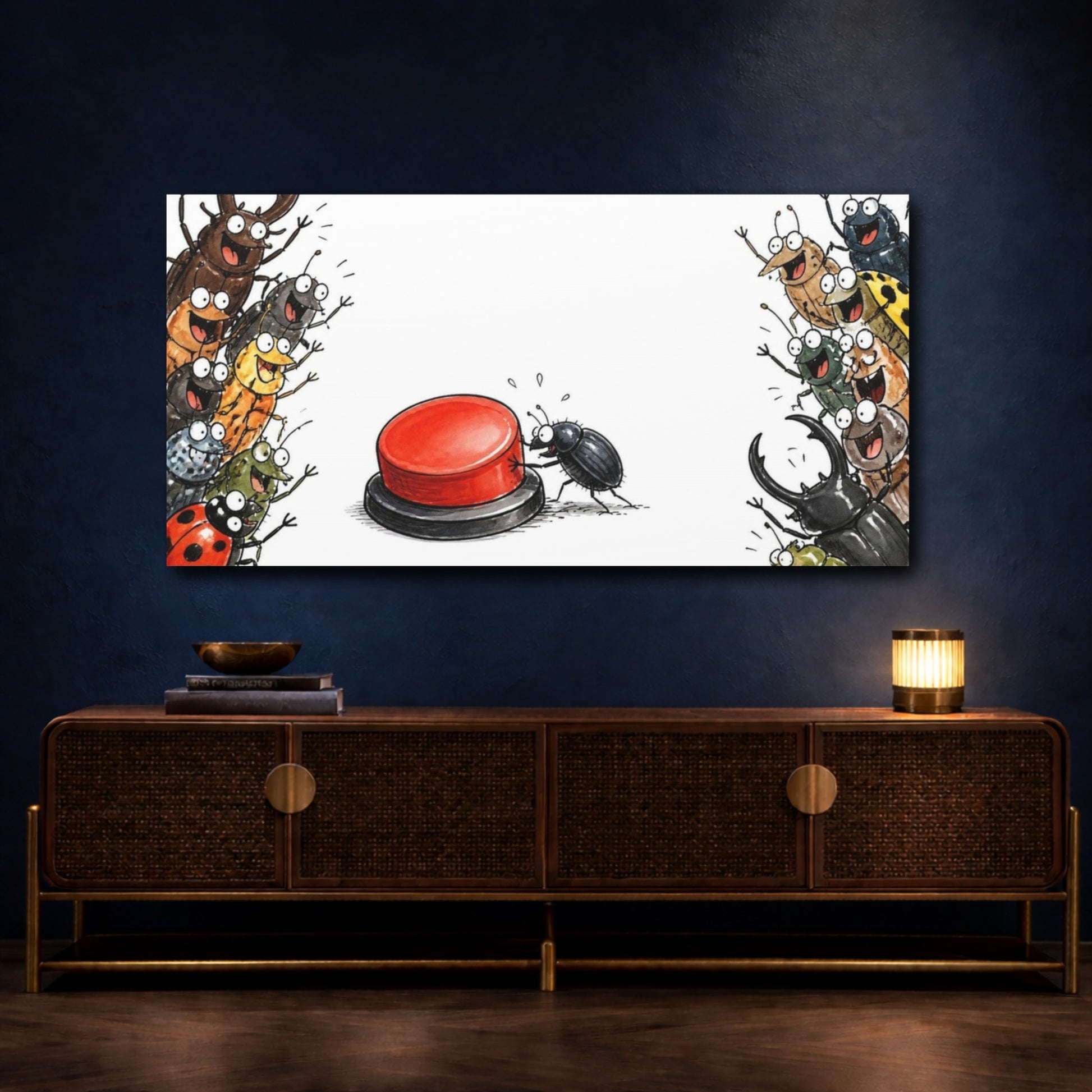 Mockup 4. Funny Beetle Pressing Button shown as canvas print