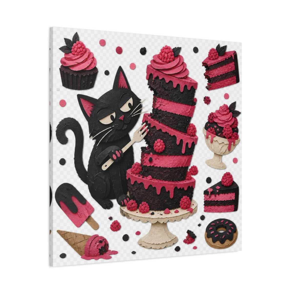 Side Mockup 1. Funny Black Cat Cake shown as canvas print