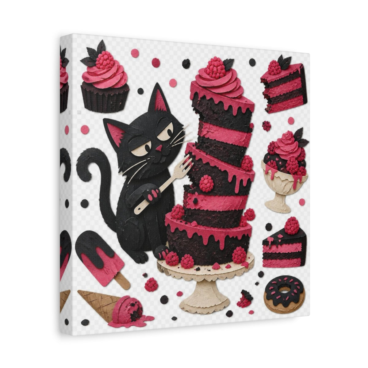 Side Mockup 8. Funny Black Cat Cake shown as canvas print